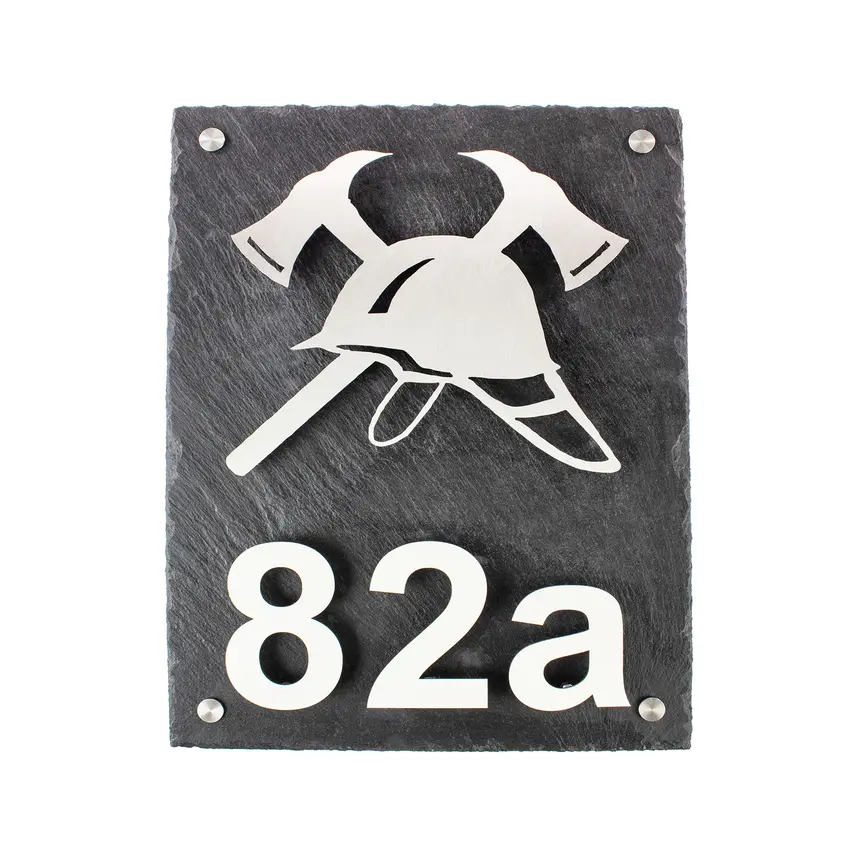 Geschenk für Feuerwehrleute - Edelstahl auf Schiefer – mit Helm und Axt