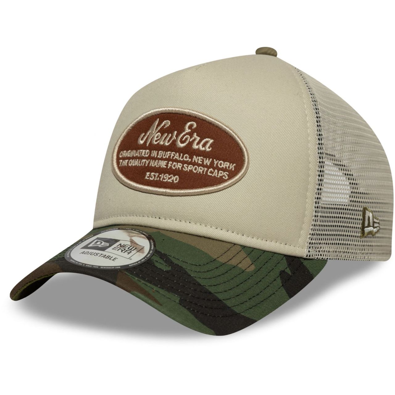 New Era A-Frame Trucker Cap - RETRO BRAND PATCH beige camo