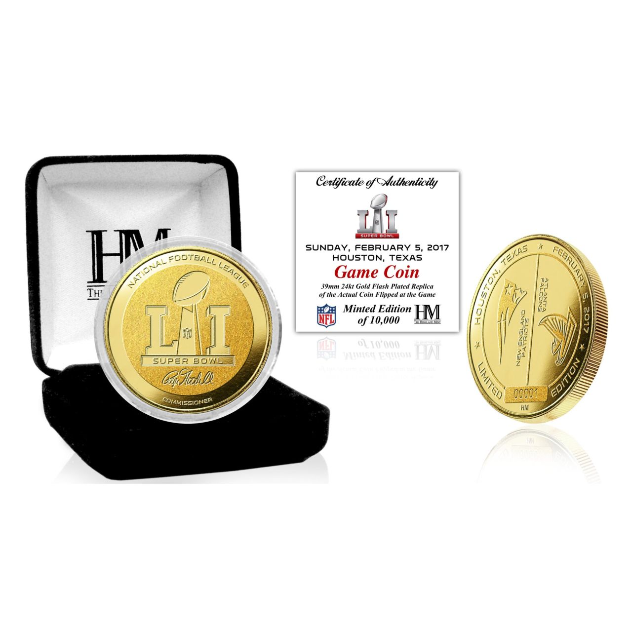 Super Bowl LI Gold Flip Coin NFL Münze 39mm, vergoldet
