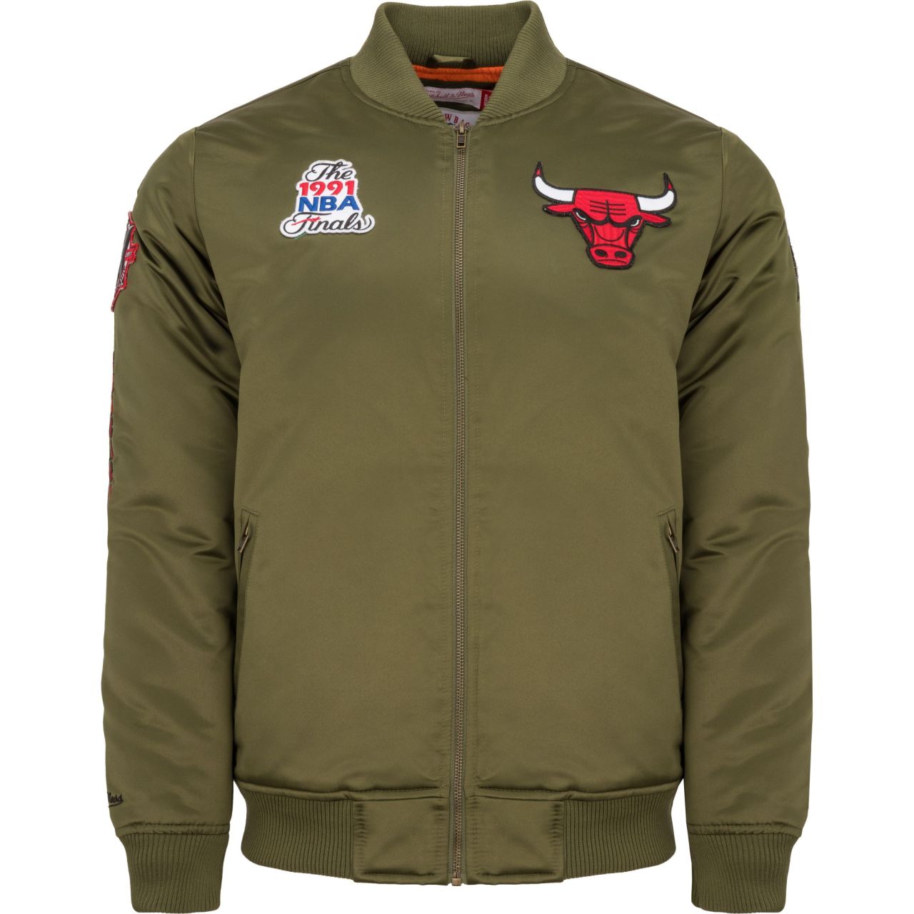 M&N Satin Bomber Jacke - PATCHES Chicago Bulls oliv