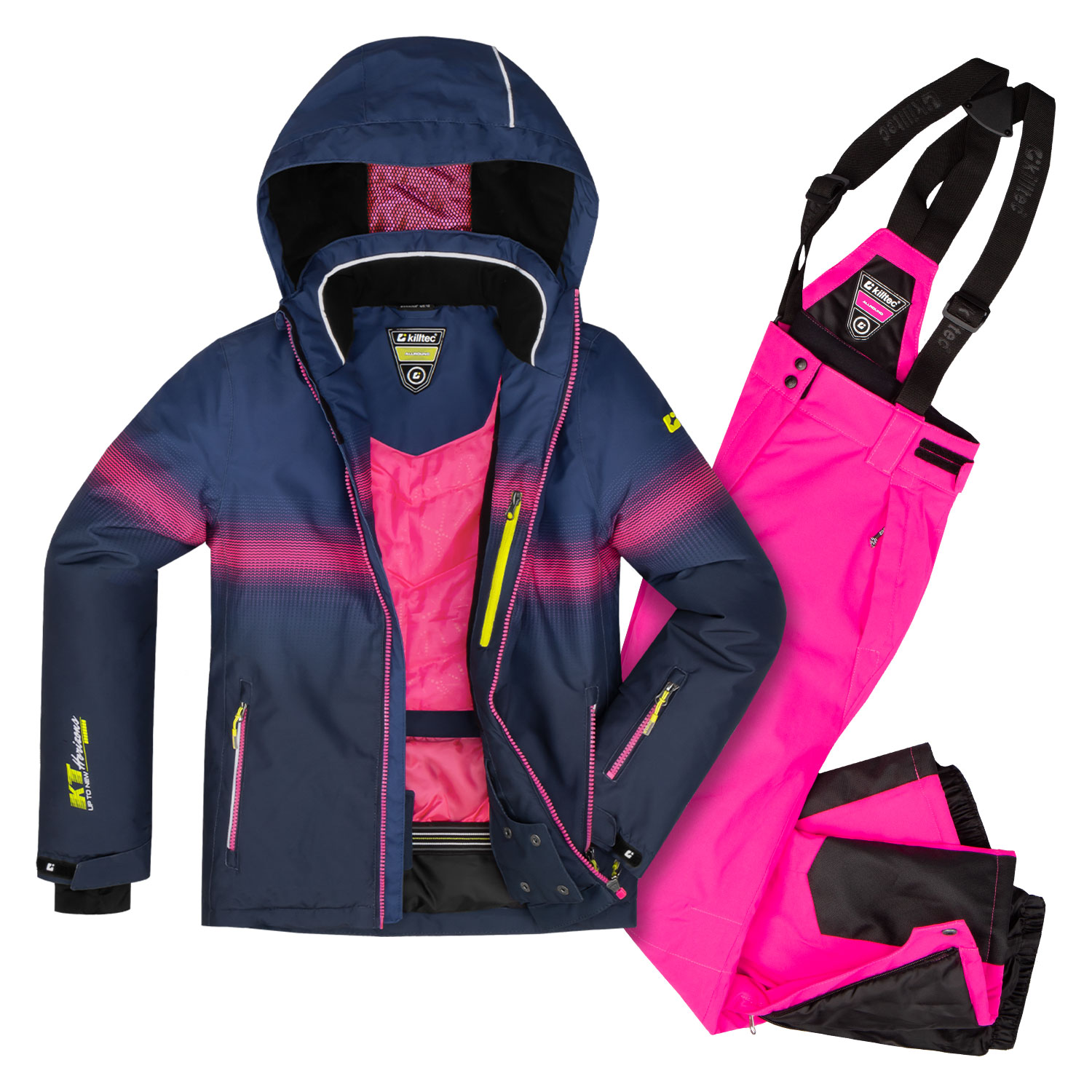 killtec Skianzug Mädchen und Junge Frauen - Skihose pink mit Trägern - Skijacke blau mit neon Pink wasserfest