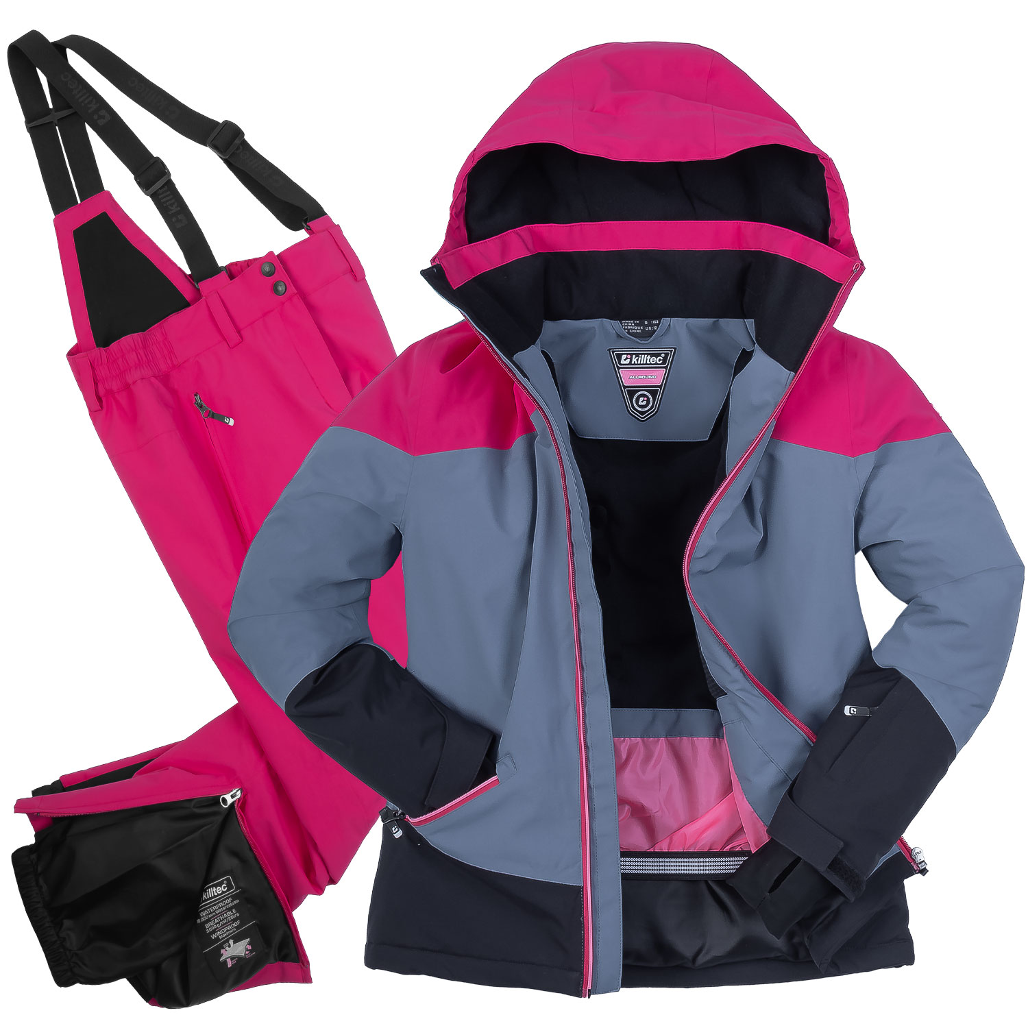 killtec Mädchen Skianzug 176 junge Frauen 36 - Skjacke mit Schneefang - blau und pinkj-Skihose Pink Muster und Trägern
