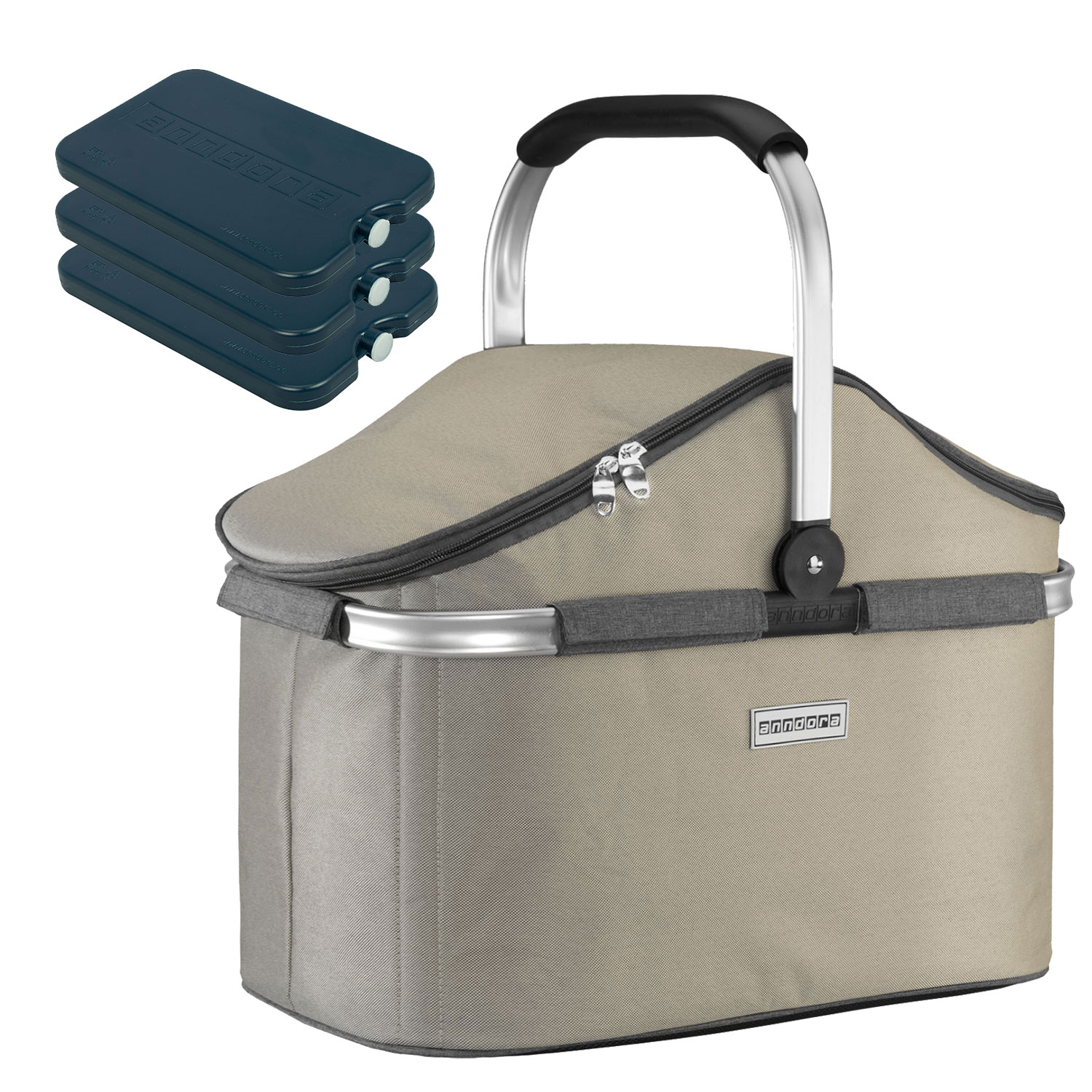anndora Kühlkorb Isolier Einkaufskorb champagner-grau + 3 Kühlakkus