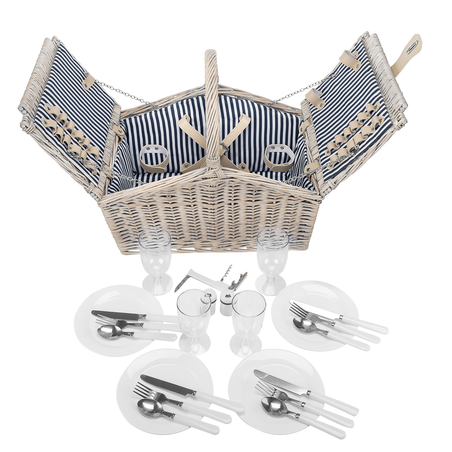 Picknickkorb anndora® geflochteneNatur Weide + Picknickgeschirr23 tlg. für 4 Personen