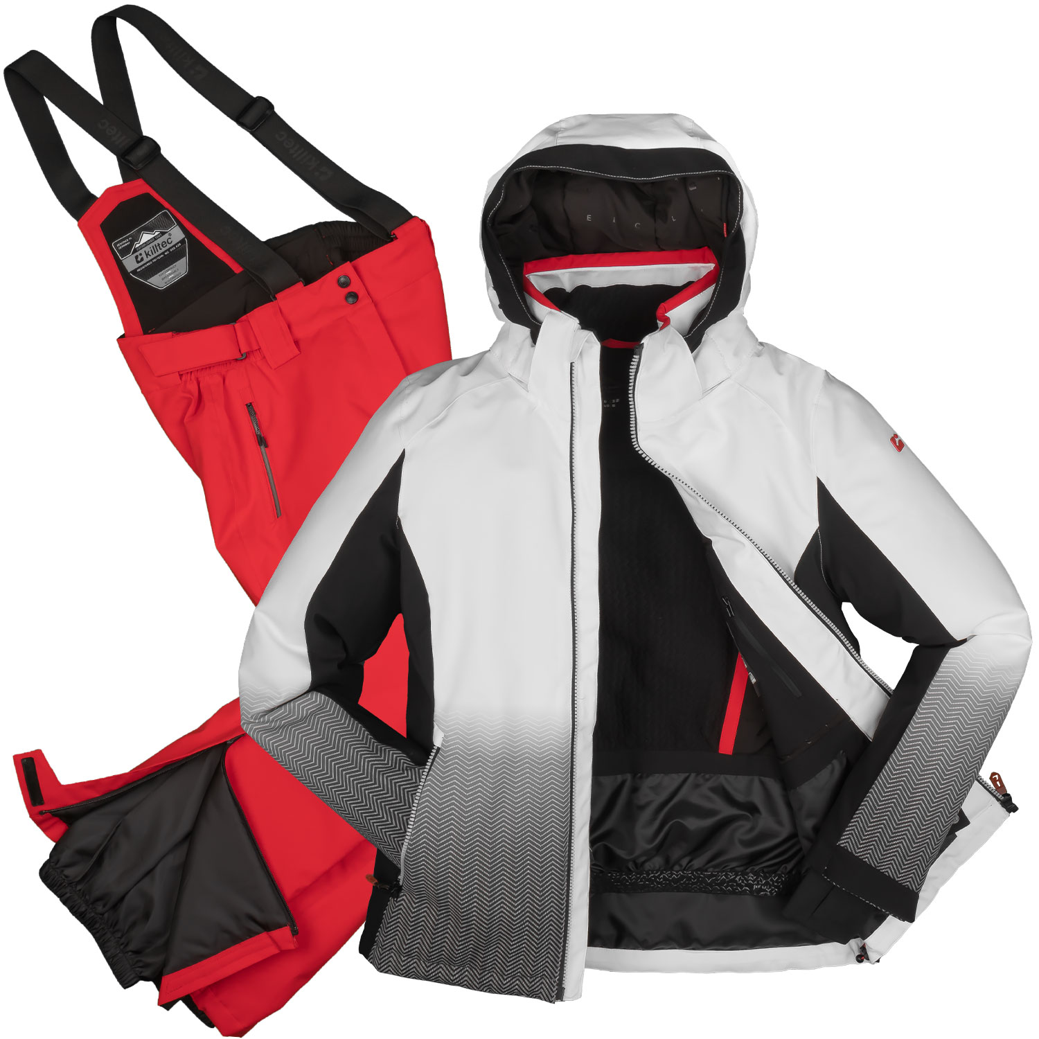killtec Skianzug Damen Set Skijacke hellgrau + Skihose rot Größe 36