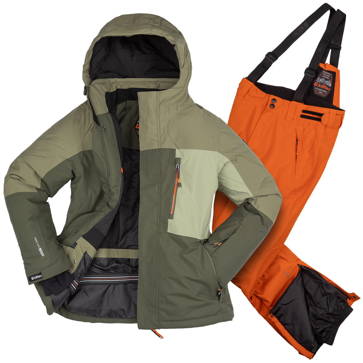 killtec Skianzug Jungen wasserdicht 10.000 mm, Größe 152, Skihose Skijacke, olive + braun