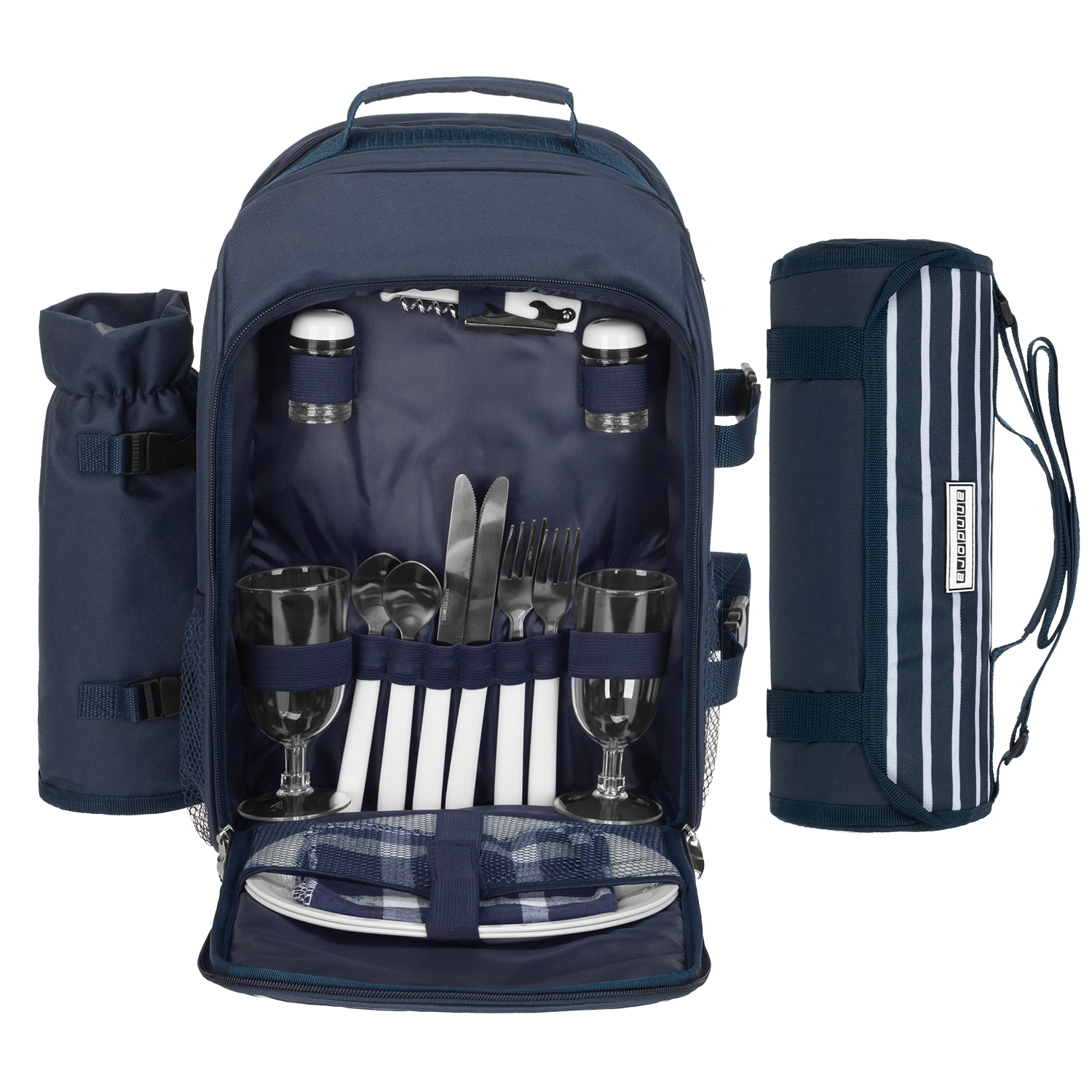 anndora Picknickrucksack 15 tlg. Zubehör + Picknickdecke blau-weiß gestreift
