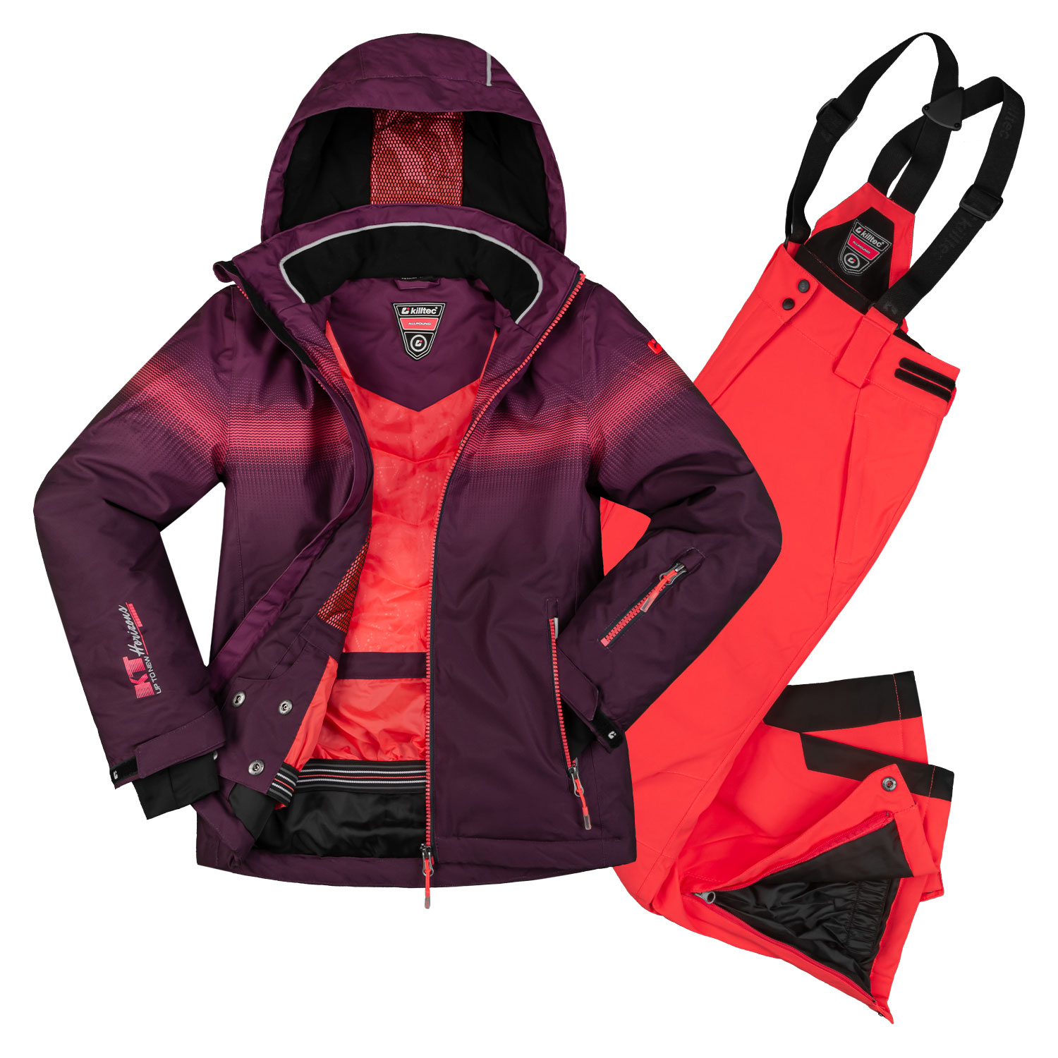 killtec Mädchen Skianzug Größe 36 = 176 lila coral -Skijacke wasserfest und mit Schneefang - Skihose funktinell -2 teiliges Spar Set