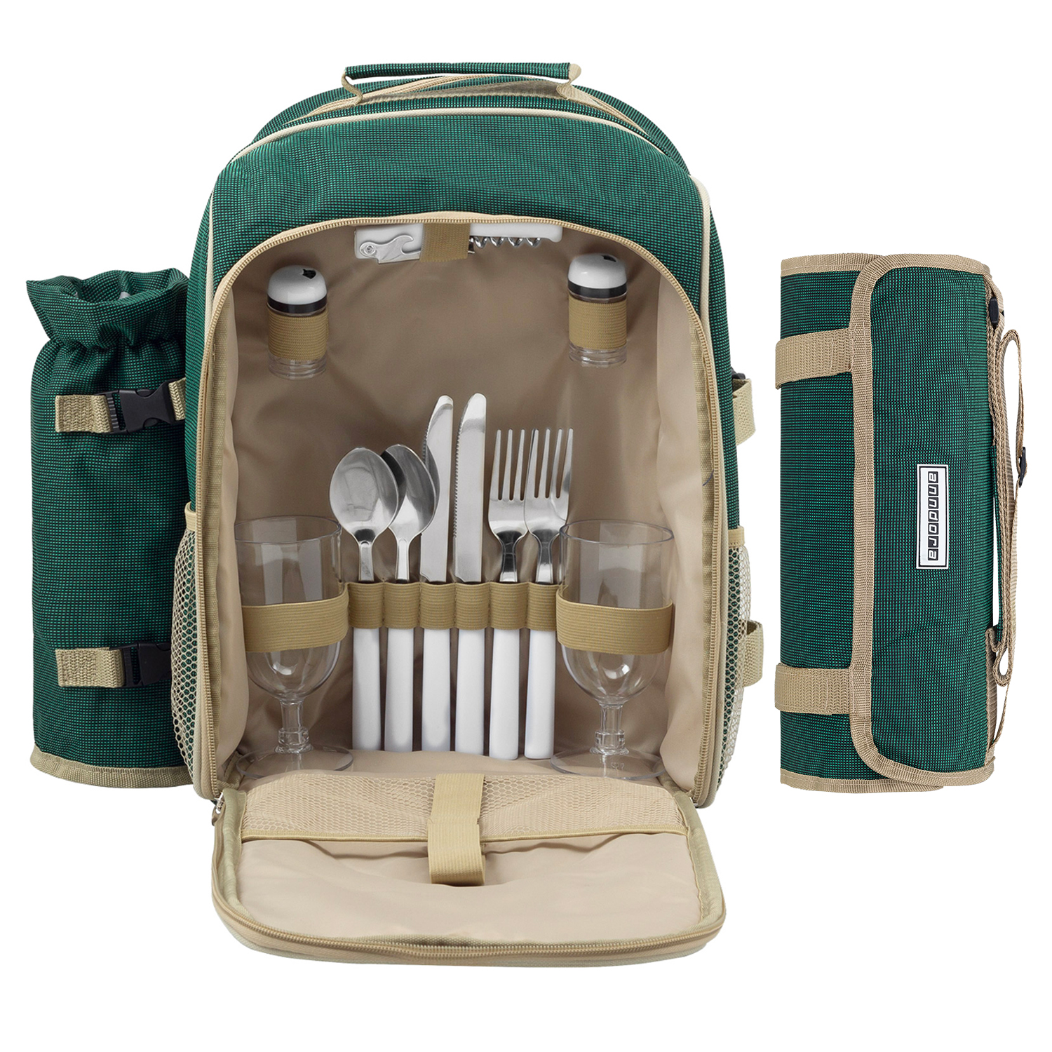anndora Picknickrucksack Kühlrucksack grün beige 2 Pers. Kunststoffgeschirr + Picknickdecke grün beige