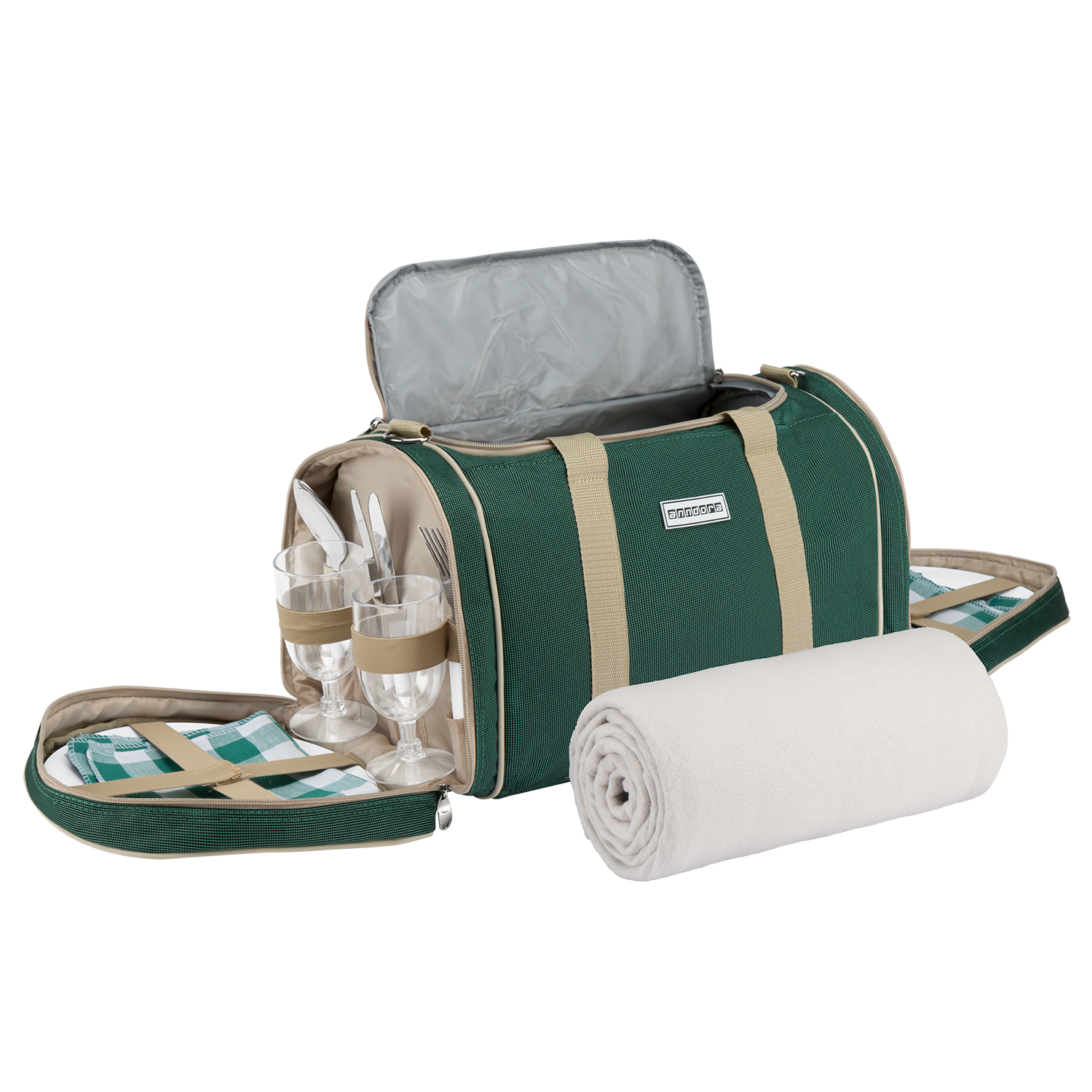 anndora Picknick grün mit Gurten Kühltasche Decke Geschirr Besteck 4 Personen dunkelgrün beige