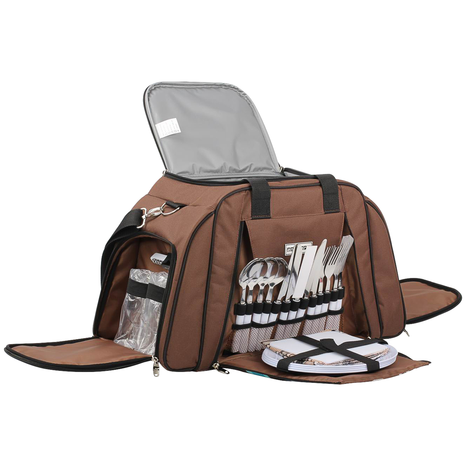 Riesige Picknicktasche anndora mit Geschirr für 4 Personen in Retro-braun mit Kreisen - 4 Personen