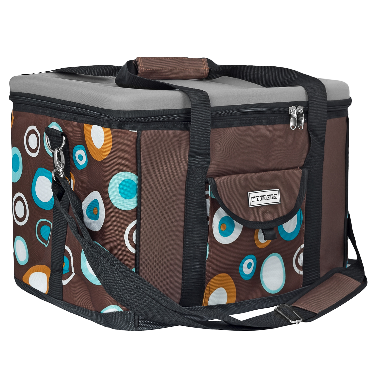 anndora Kühltasche mit Deckel XL 40 Liter - braun retro türkise Punkte