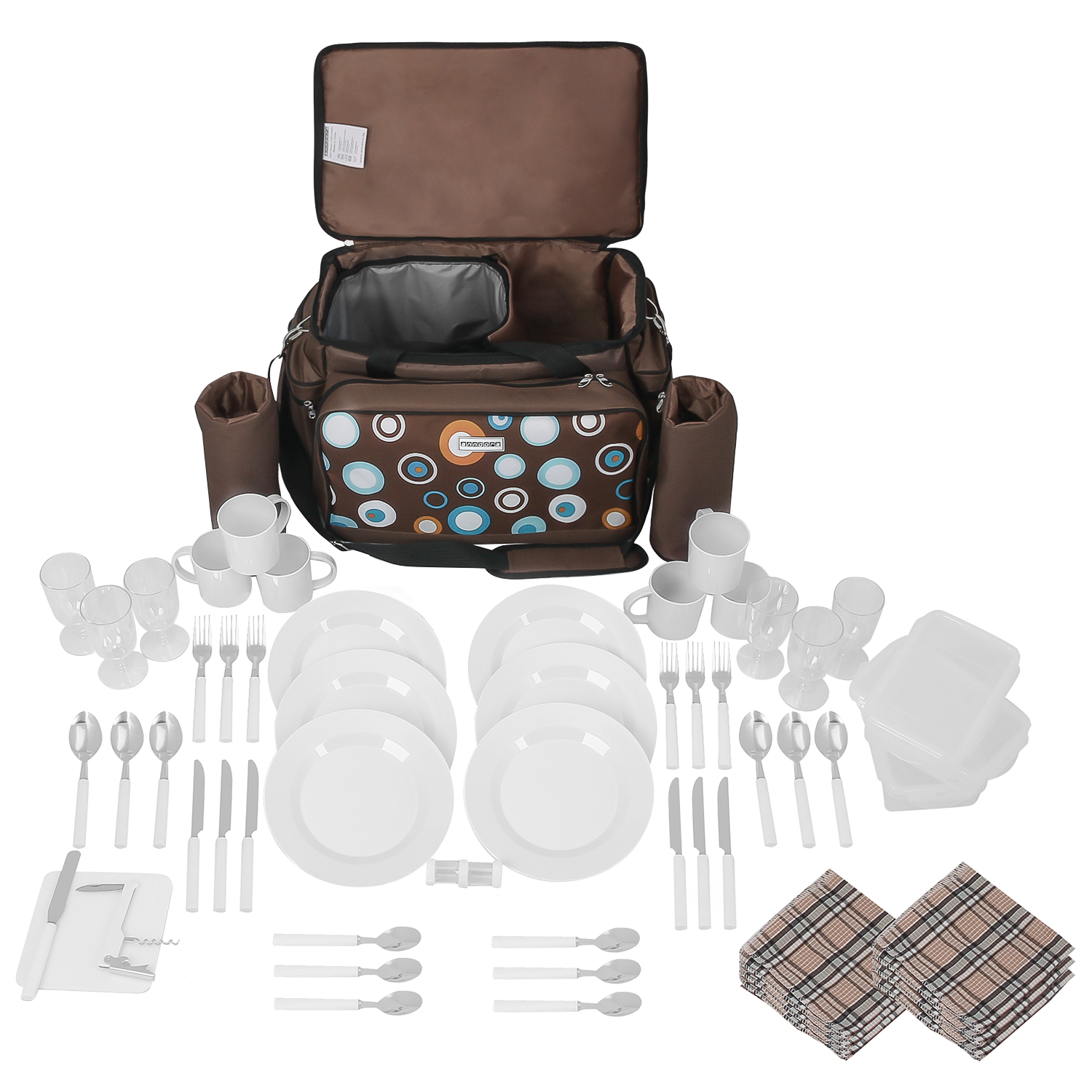 anndora Picknicktasche XL braun 57 Teile Zubehör 6 Pers. Isoliertasche 55x36x33cm