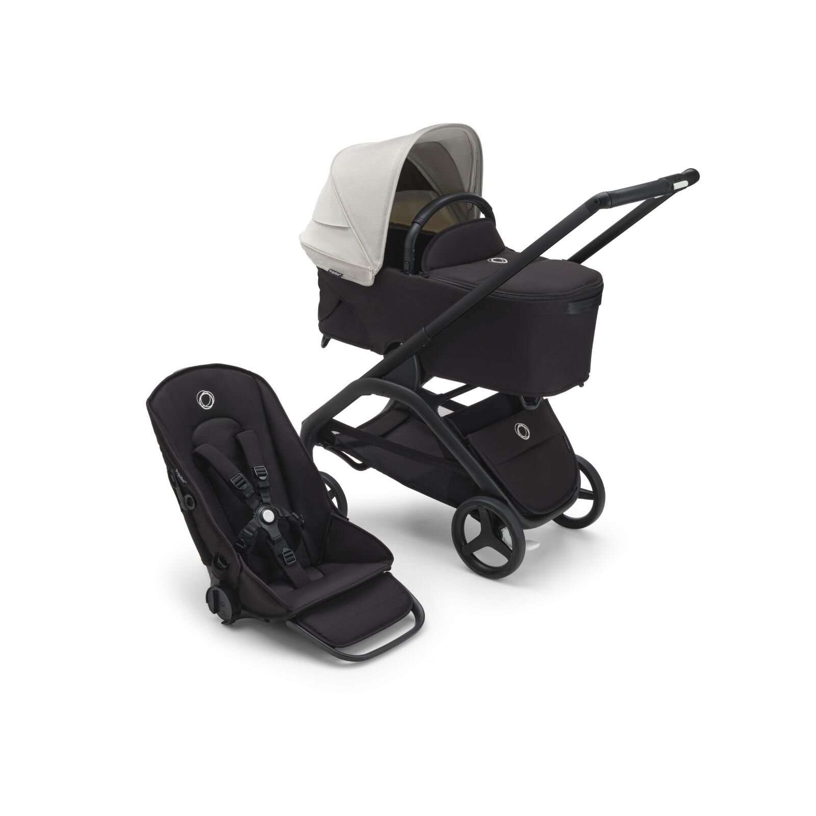 BUGABOO - Dragonfly Kinderwagen mit Liegewanne und Sitz (SCHWARZ / SCHWARZ / NEBELWEIß)