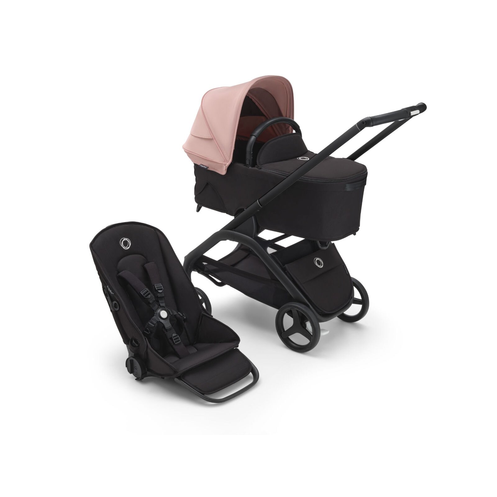 BUGABOO - Dragonfly Kinderwagen mit Liegewanne und Sitz (SCHWARZ / SCHWARZ / MORGENROSA)