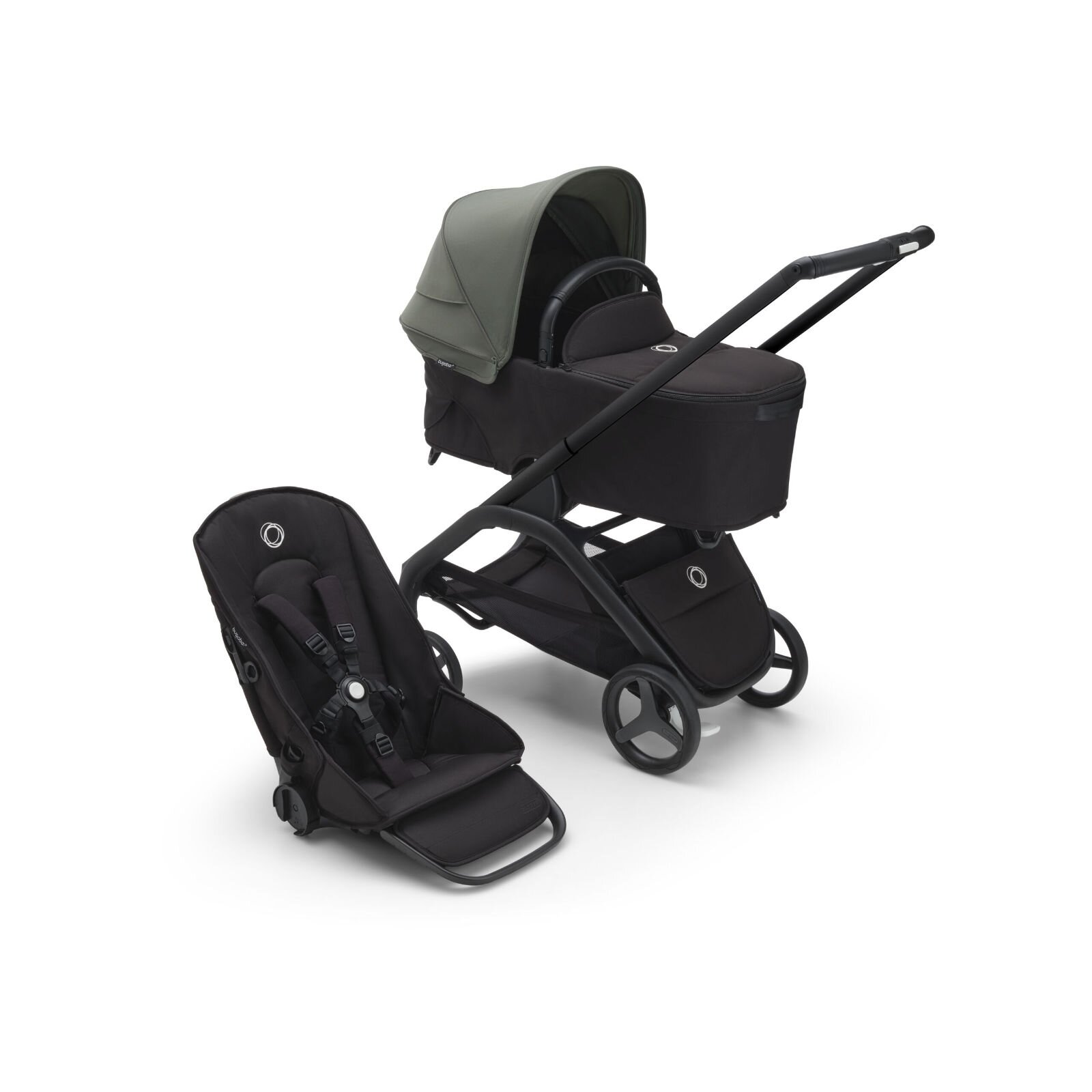 BUGABOO - Dragonfly Kinderwagen mit Liegewanne und Sitz (SCHWARZ / SCHWARZ / WALDGRÜN)