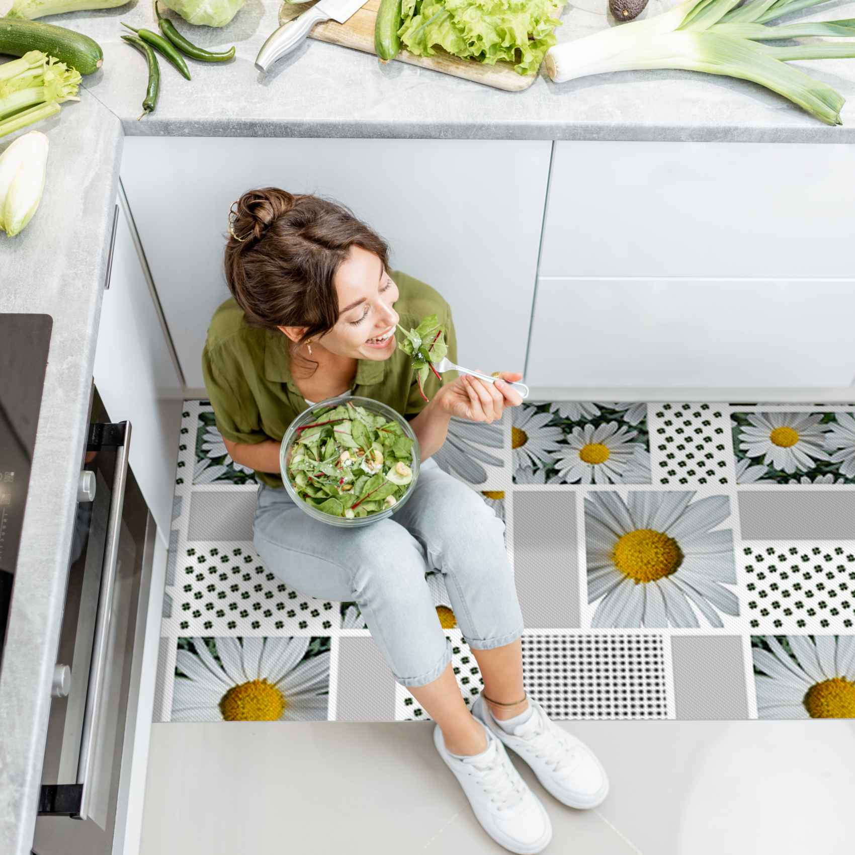 Teppichläufer Küchenläufer Karo Kamille Weiß rutschfest Küchenteppich abwaschbar | 50cm Breit 100x50cm