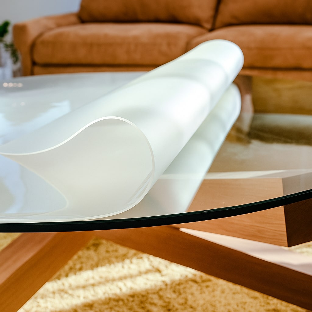 Tischfolie nach Maß 2mm einseitig mattiert mit oder ohne abgeschrägter Kante für Glastische und Hochglanz-Oberflächen