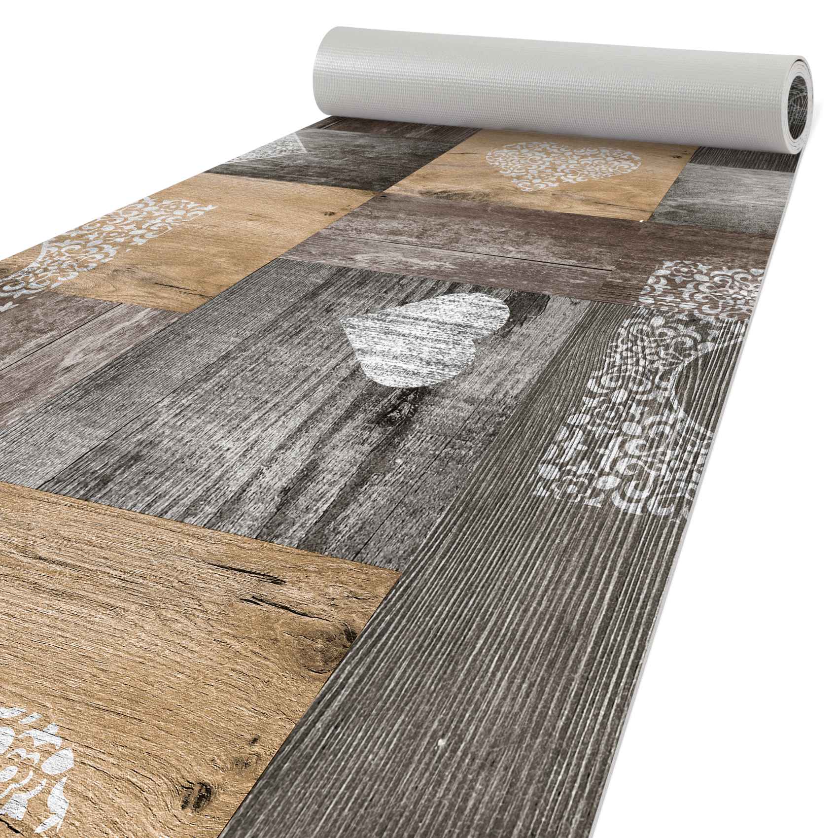 Küchenläufer Rustikal Holz Herz Braun rutschfest Teppichläufer abwaschbar | 50cm Breit 100x50cm