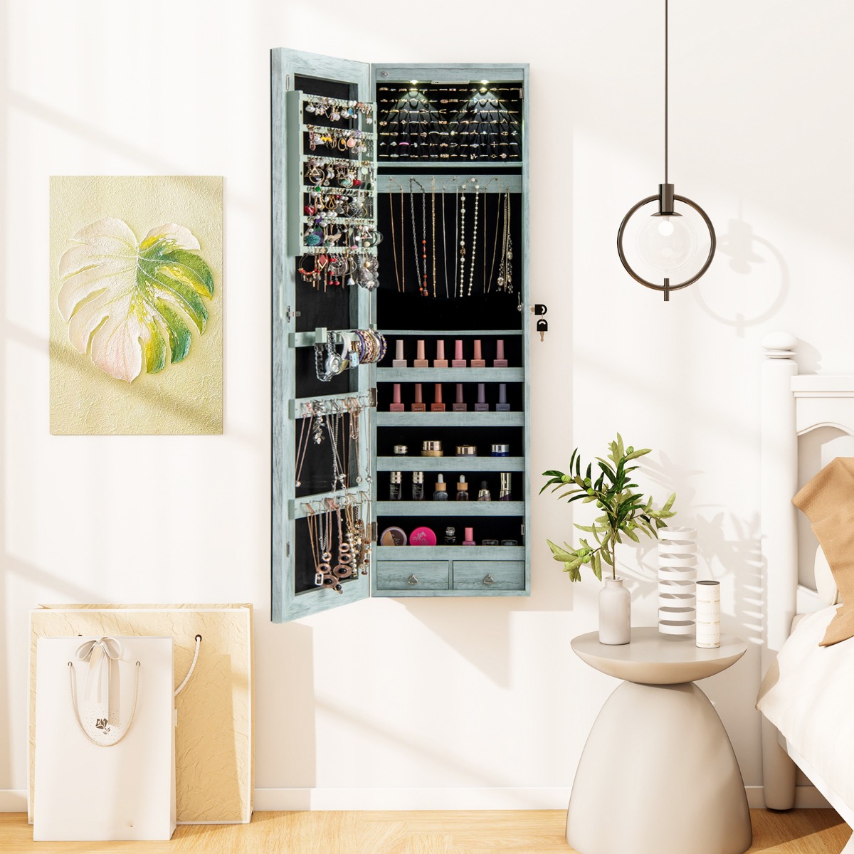 Schmuckschrank mit LED Beleuchtung Schmuckregal mit Spiegel Abschließbarer Spiegelschrank Vintage Blau