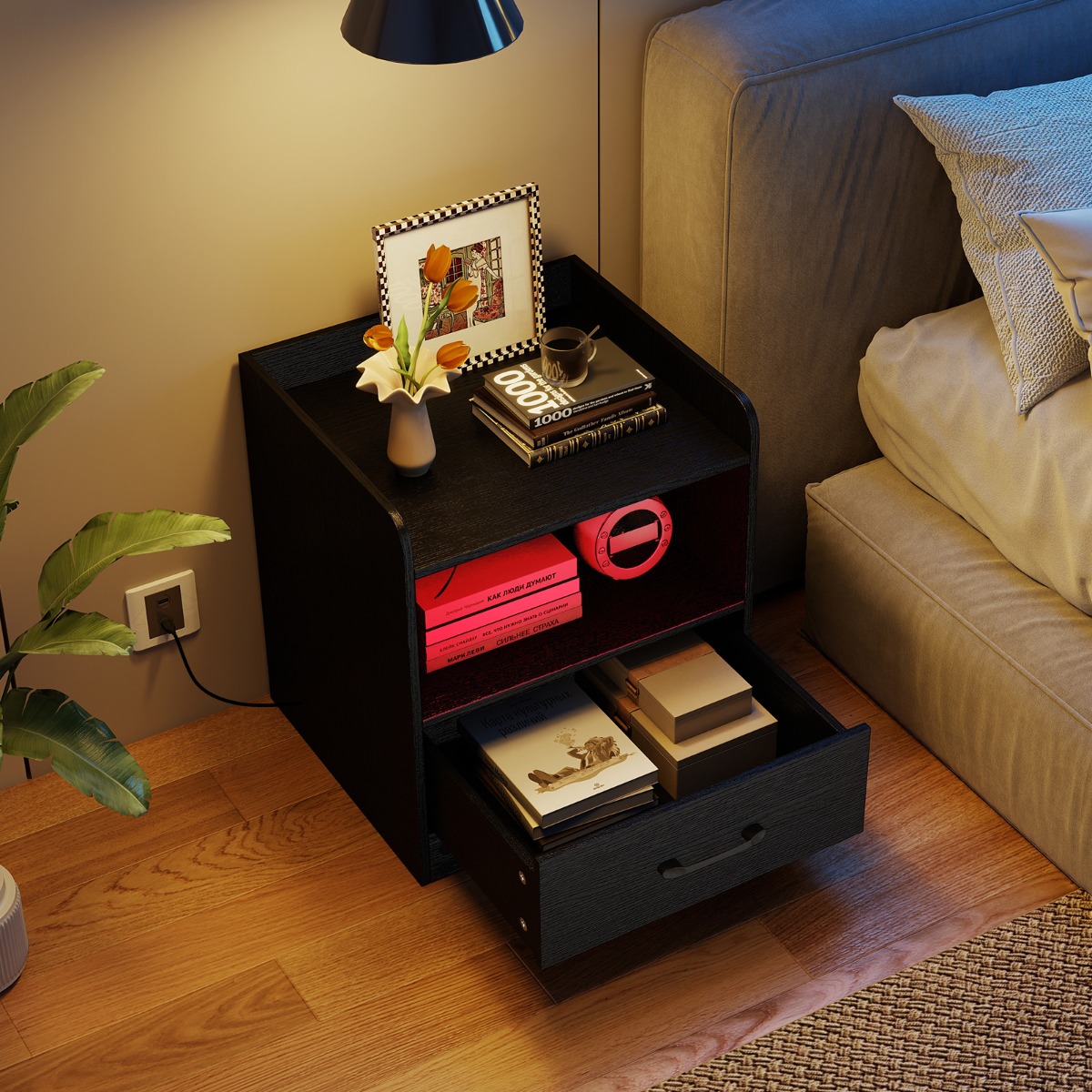 Nachttisch mit LED-Beleuchtung & Offenem Fach & Schublade Beistelltisch Nachtschrank Schwarz