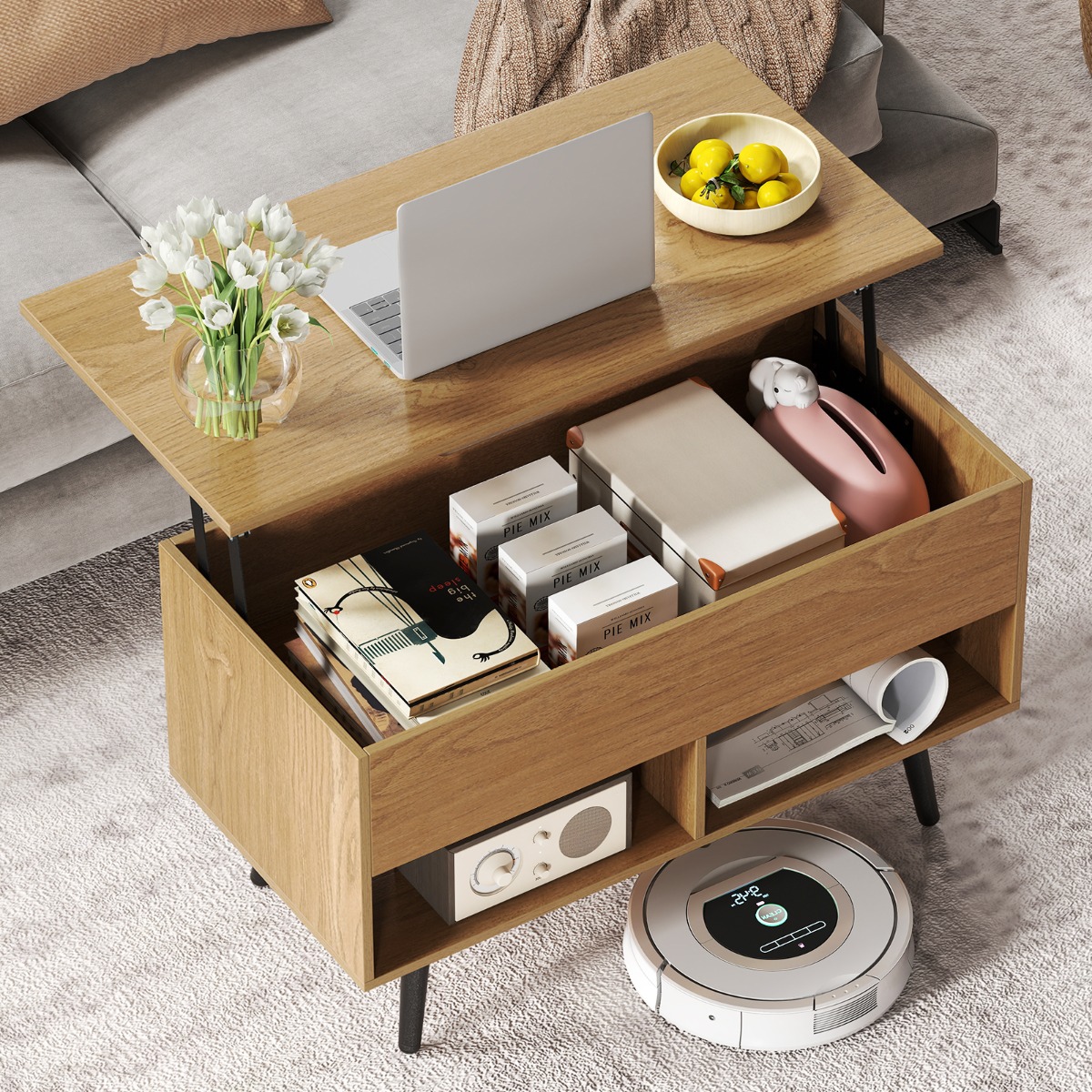 Höhenverstellbarer Couchtisch mit Anhebbarer Tischplatte & 2 Offenen Regalen Sofatisch Natur