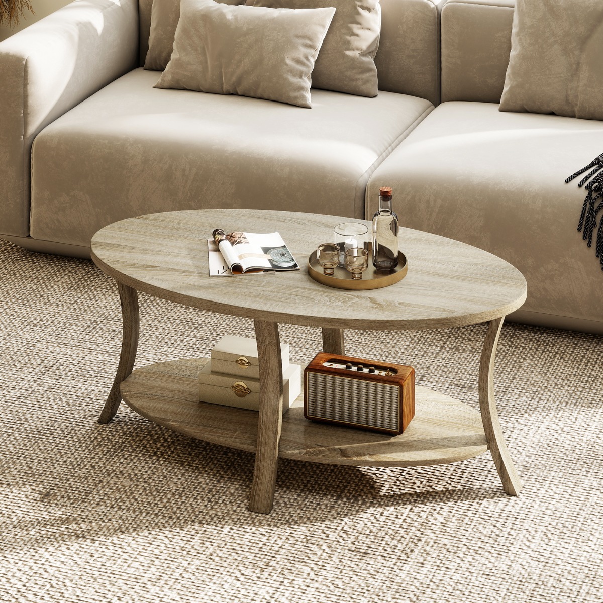 Ovaler Couchtisch mit Ablage Wohnzimmertisch 2-stöckiger Beistelltisch Sofatisch Kaffeetisch Eiche
