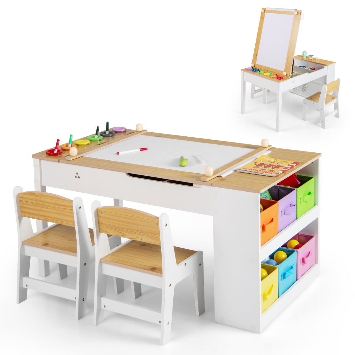 Kinderkunsttisch mit 2 Stuhl & Seitliche Offene Regal aus Holz mit Anhebbarer Tischplatte Natur