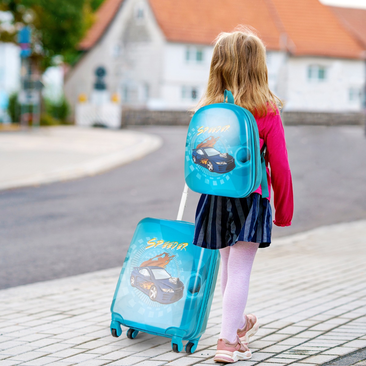 2tlg Kinderkoffer Set Kindergepäck mit Rädern 17' Handgepäck & 13' Hartschalen-Rucksack Blau Auto