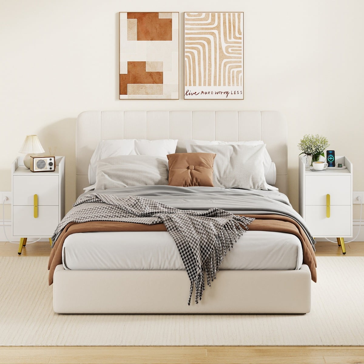 Nachttisch mit Ladestation schmaler Nachtschrank mit 2 Schubladen Beistelltisch mit Metallbeinen Weiß