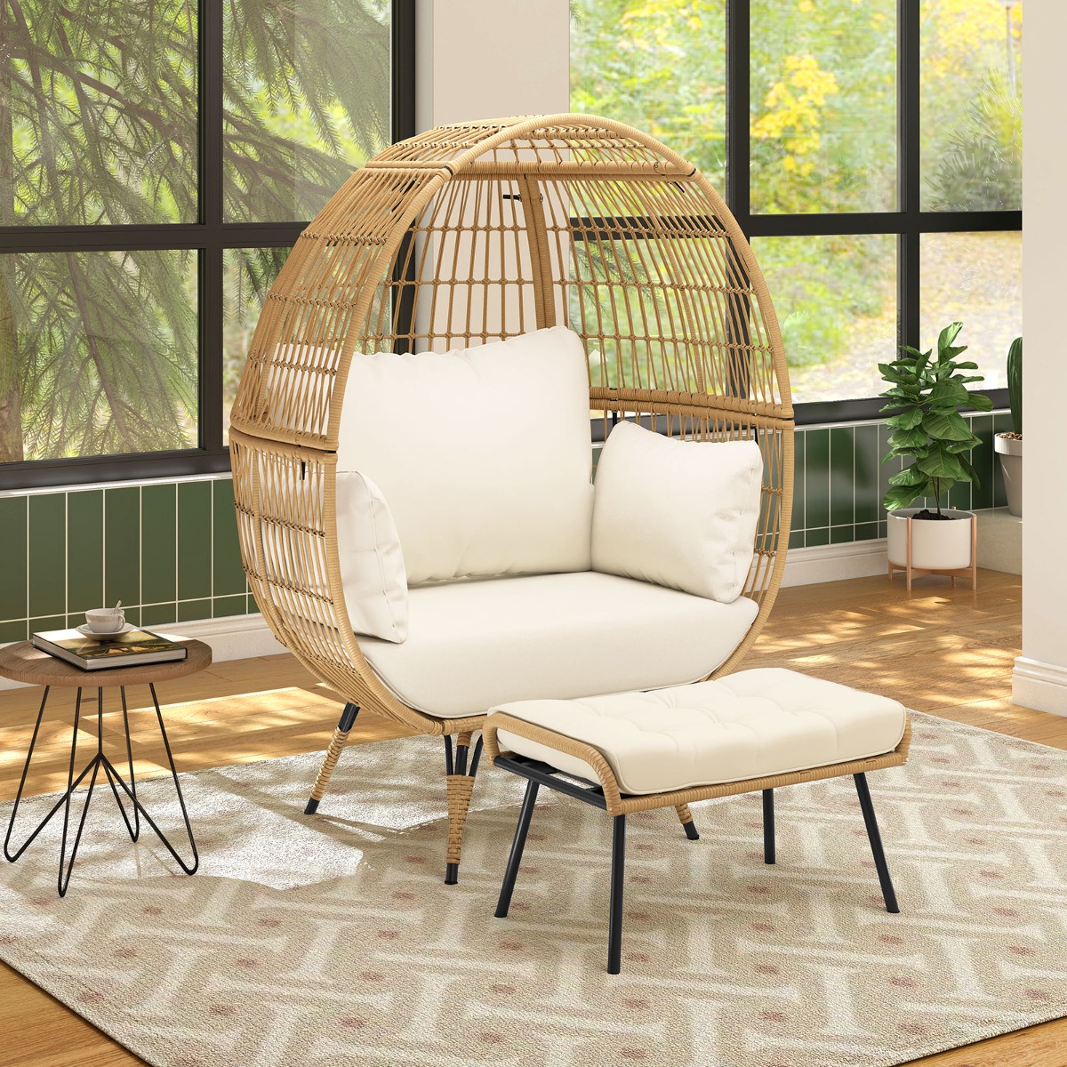 Rattan Korbsessel mit Hocker Übergroßer Gartensessel mit Kissen XXL Rattansessel Weiß