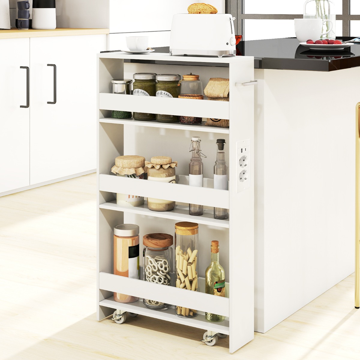 Nischenwagen 13cm breit 4 Etagen Küchenwagen schmal mit Ladestation Nischenregal auf Rollen Weiß