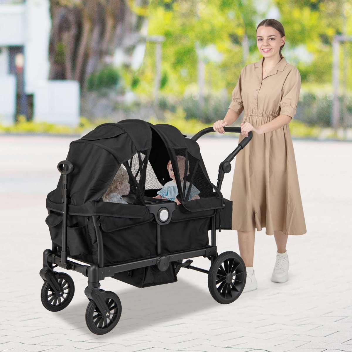 2 in 1 Klappbare Geschwisterwagen mit Verstellbarem Griff & Abnehmbarem Verdeck Schwarz