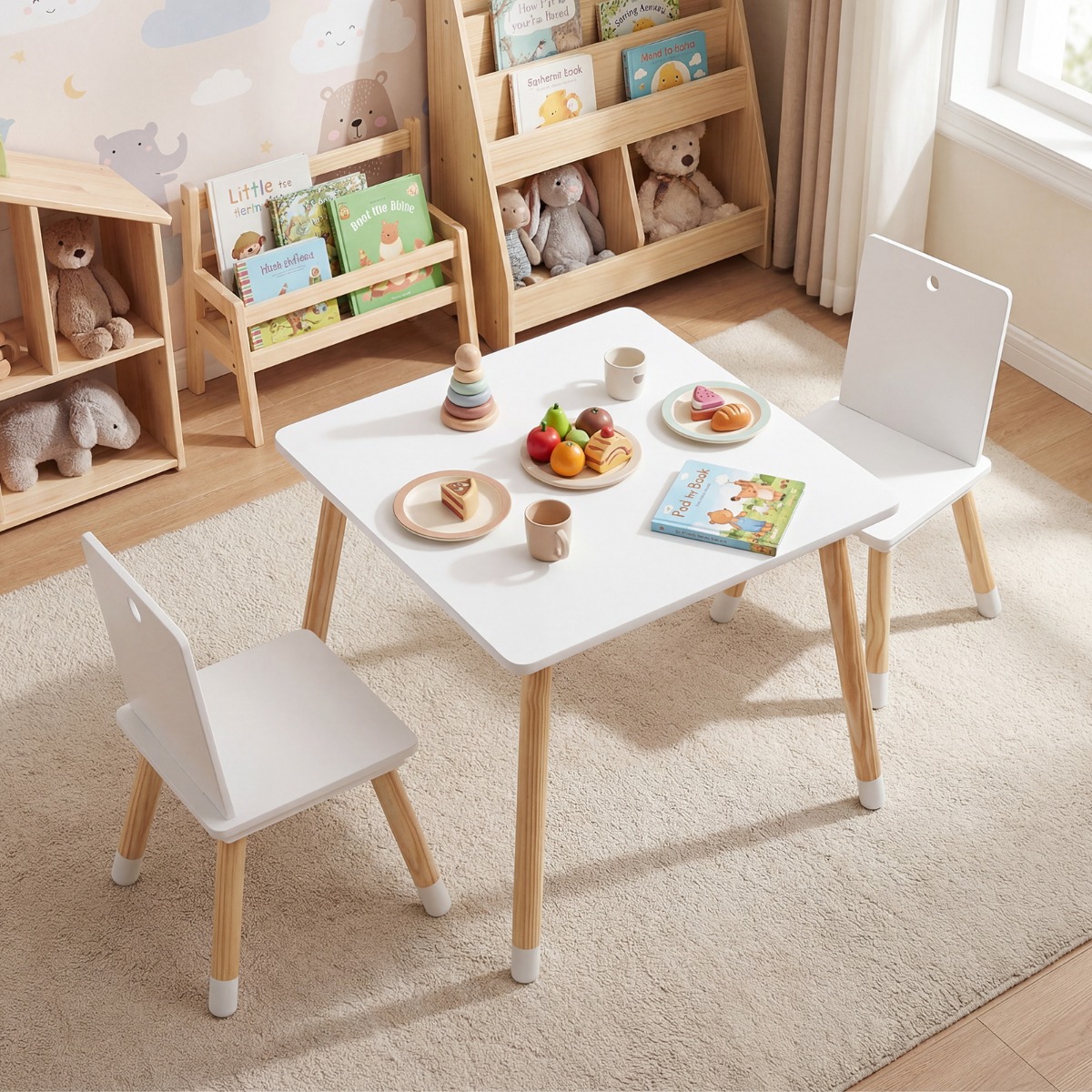 3-teiliges Kindersitzgruppe Holz Kindertisch und 2 Stühle Kinder Aktivitätstisch Weiß