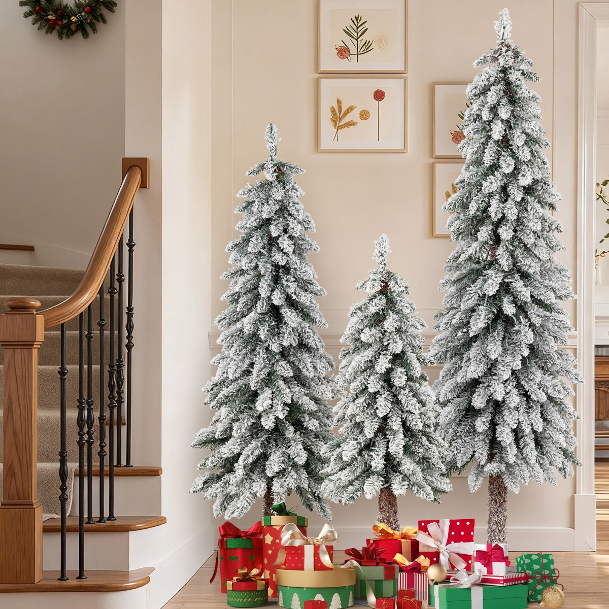 3er Set Künstlicher Weihnachtsbaum mit Beleuchtung & Schnee Christbaum 90 / 120 / 150 cm