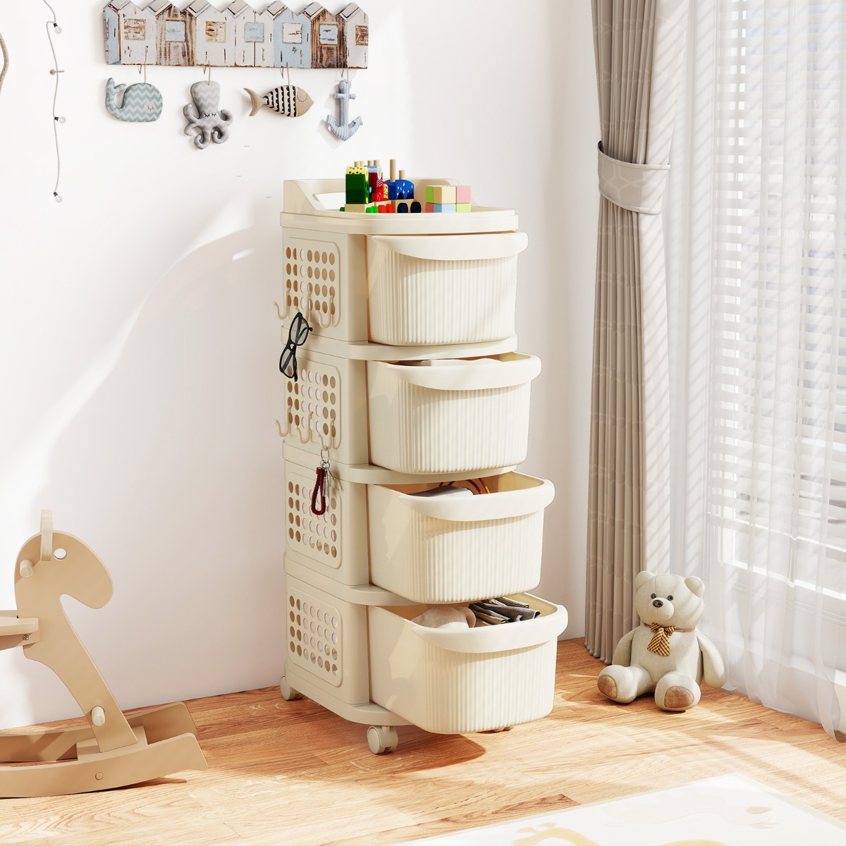 Schmaler Nischenschrank auf Rollen Nischenregal mit 4 Schubladen & Pegboard Nischenwagen