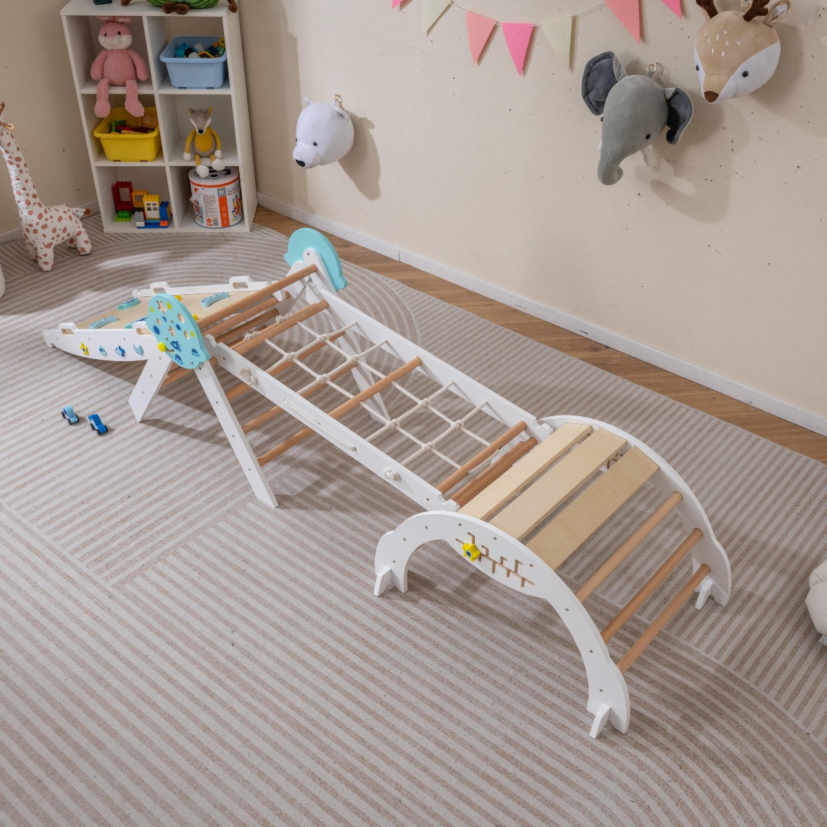 9 in 1 Montessori Klettergerüst Set mit Kletterbogen & Kletterseil & Leiter Holz Kletterdreieck Weiß