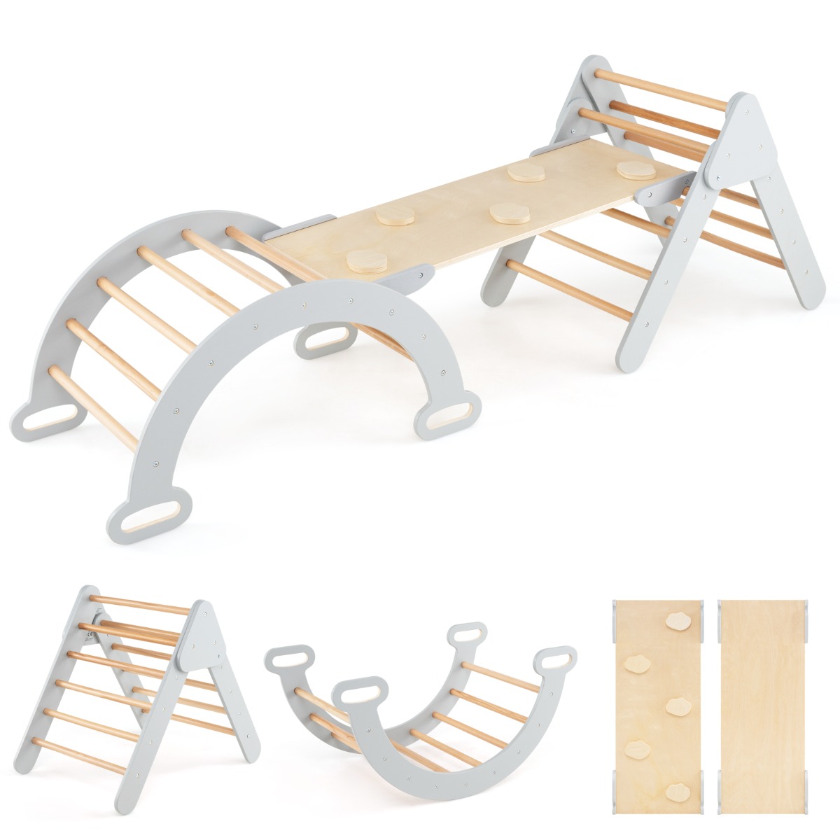 4 in 1 Kletterdreieck & Kletterbogen & Leiter & Rutsche Indoor Klettergerüst Grau