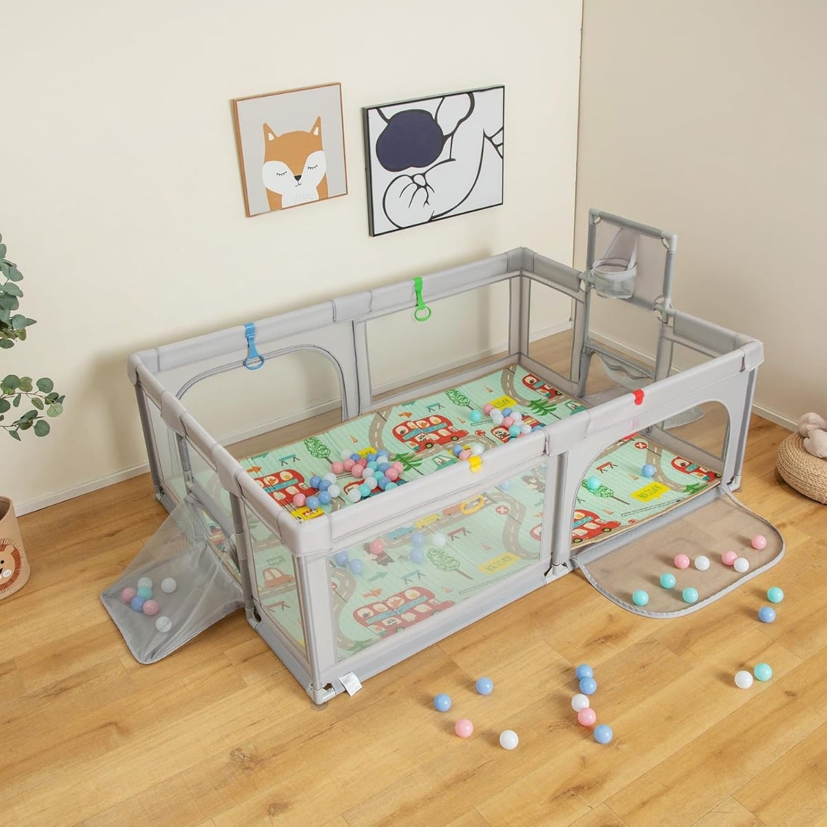 188 x 157cm Baby Laufstall mit Matratze & Basketballkorb & Fußballnetzen Laufgitter Hellgrau