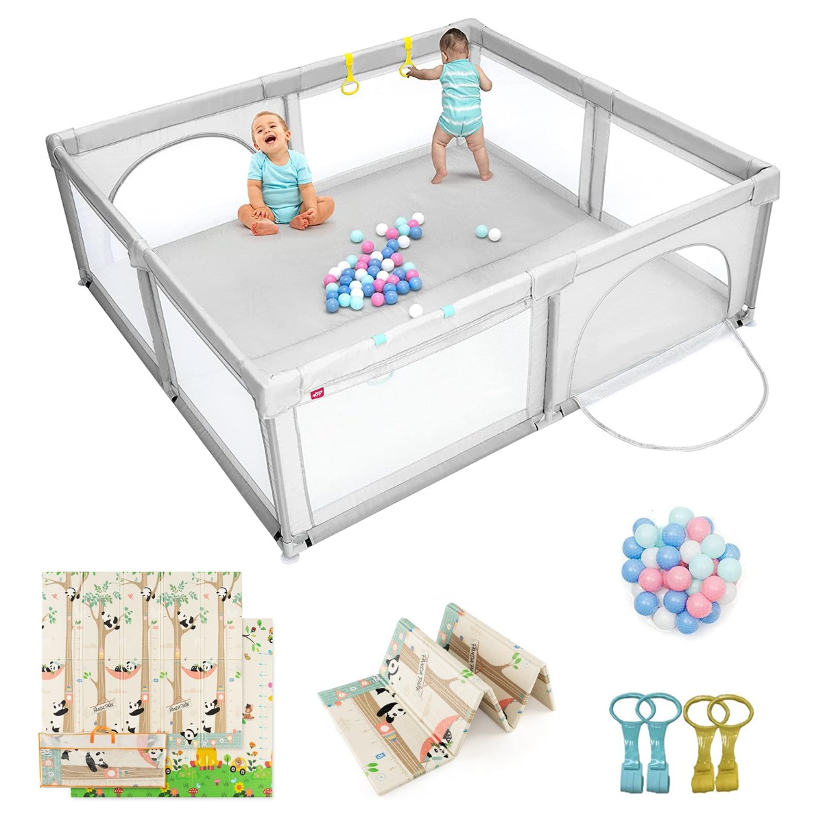206 x 186cm Baby Laufstall mit Matratze Laufgitter mit 50 Spielbällen Helllgrau Laufstall + Panda Matratze