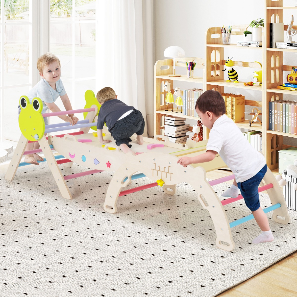 3er Set Klettergerüst mit Rutsche & Kletterbogen & Doppelseitige Rampe Kletterdreieck Mehrfarbig