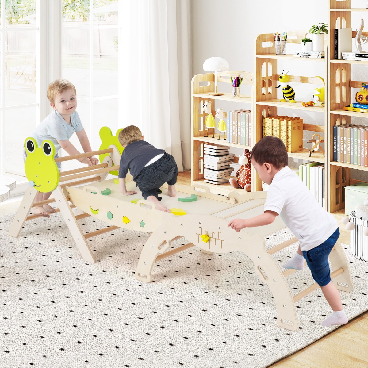 3er Set Klettergerüst mit Rutsche & Kletterbogen & Doppelseitige Rampe Kletterdreieck Natur