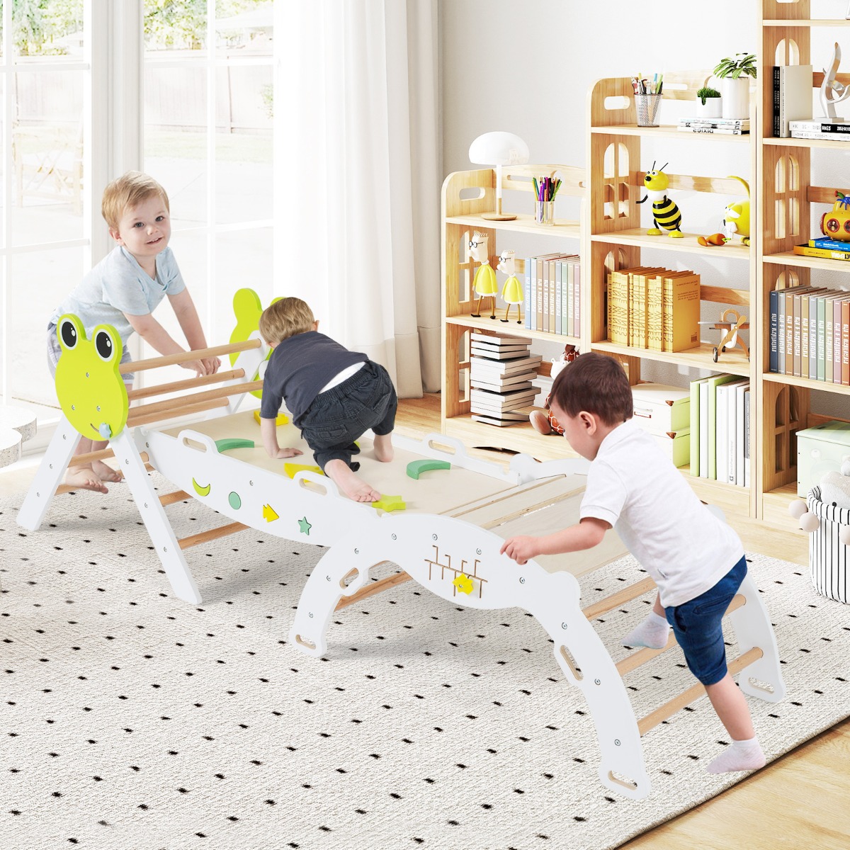 3er Set Klettergerüst mit Rutsche & Kletterbogen & Doppelseitige Rampe Kletterdreieck Weiß