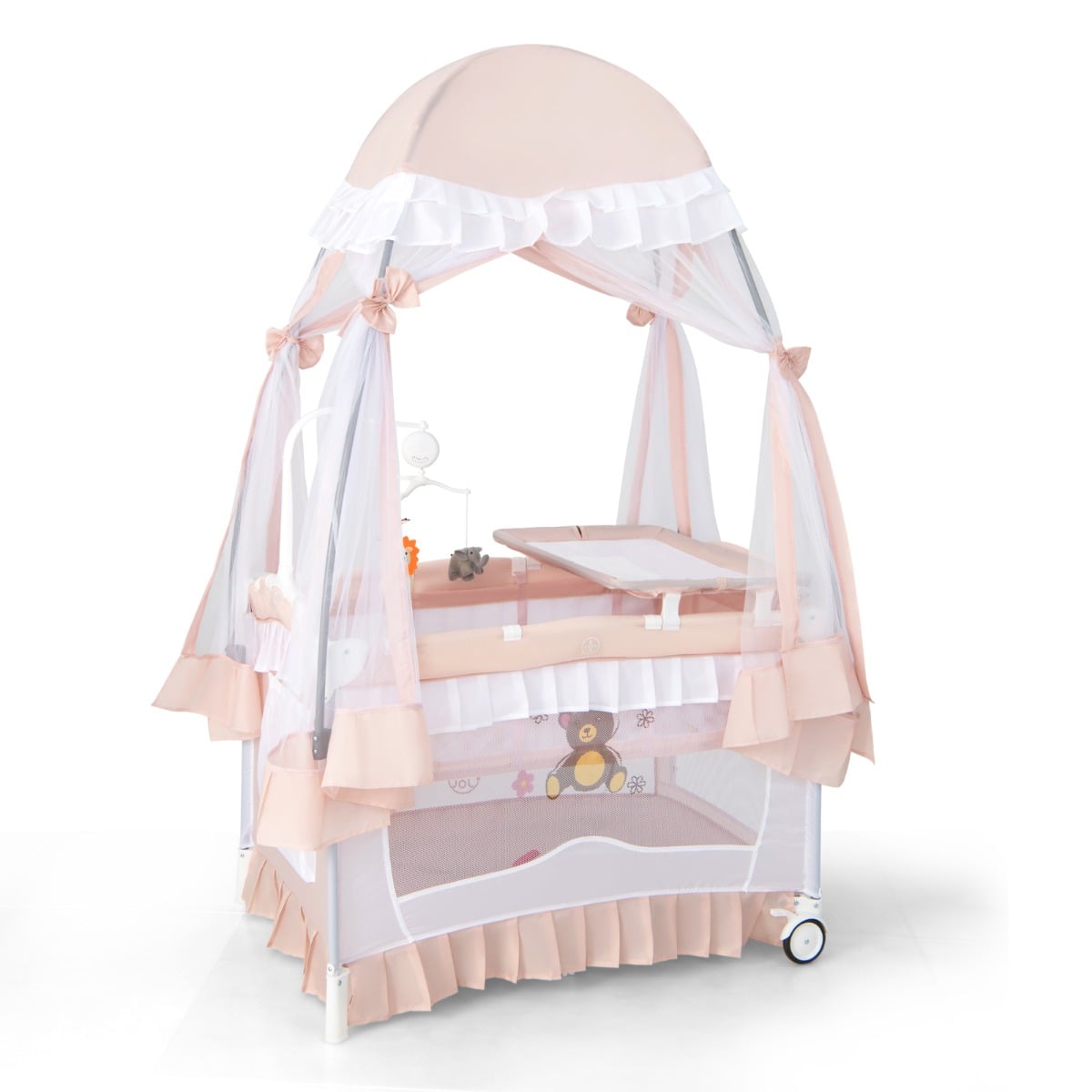 4 in 1 Babybett mit Abnehmbarem Baldachin Reisebett mit Matratze Beistellbett mit Rollen Rosa