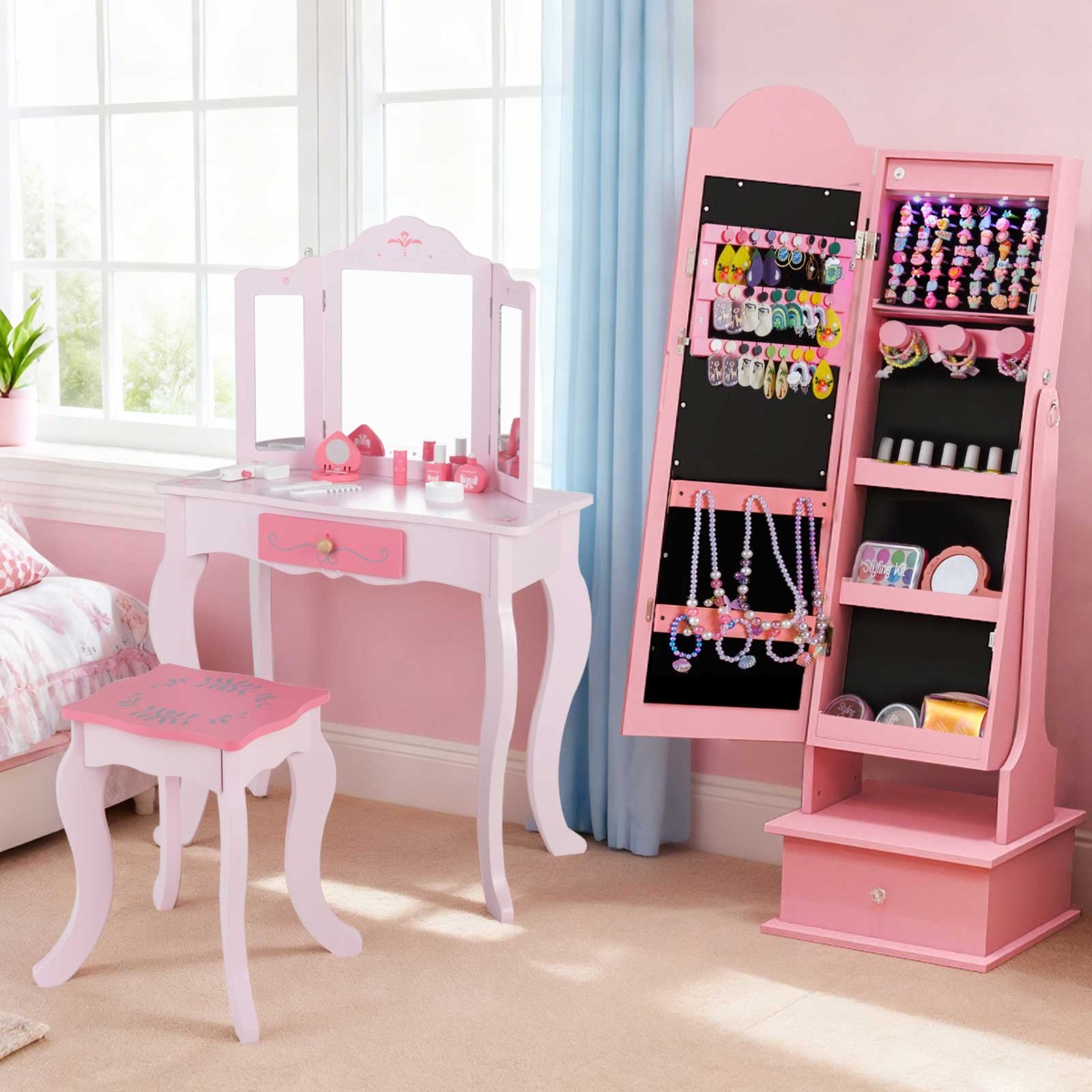 Kinder Schmuckschrank mit Beleuchtung Stehender Schmuckorganizer mit Ganzkörperspiegel Rosa