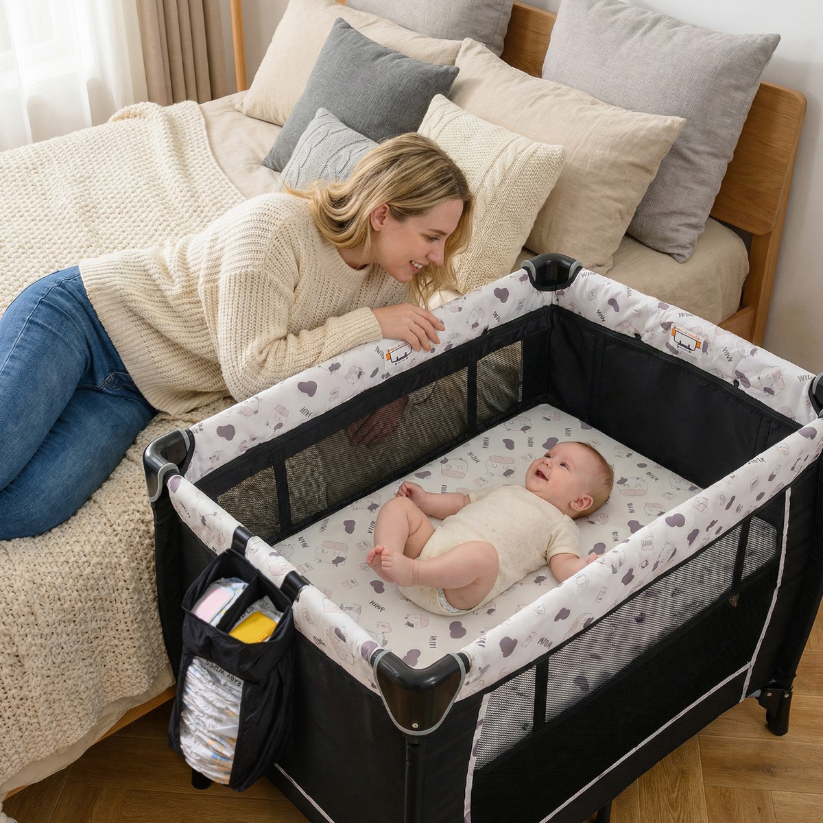 5 in 1 Baby Reisebett mit Wickeltisch & Babywiege & Matratze & 2 Spielzeugen Faltbares Babybett Beige