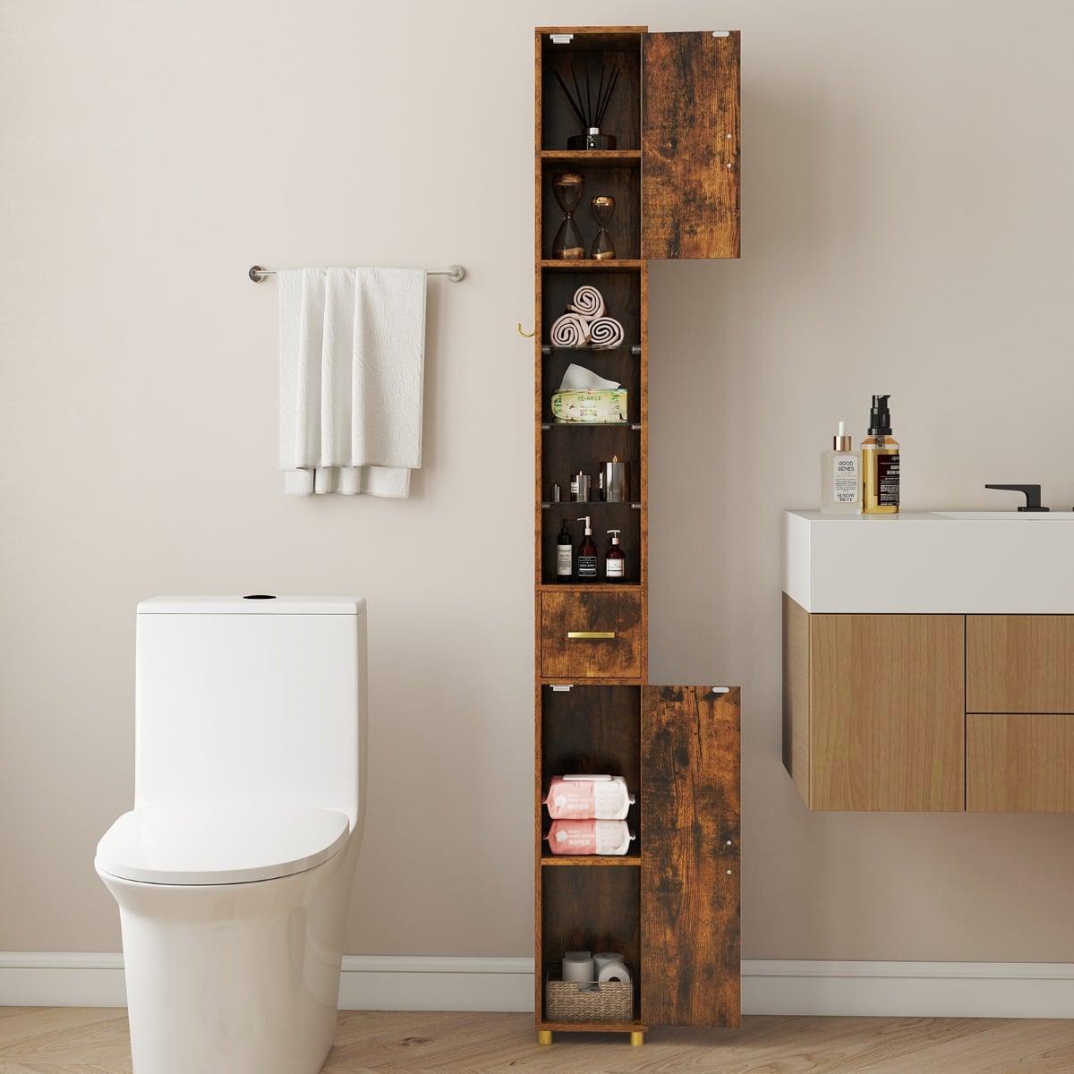 Badezimmerschrank mit Beleuchtung & Schublade & 3 Glasablagen Schmaler Badschrank Vintage