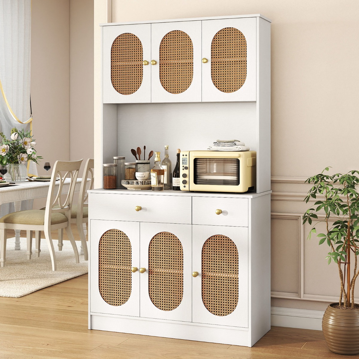 Holz Küchenschrank mit Rattantüren & 2 Steckdosen & 2 USB-Anschlüssen Buffetschrank Weiß