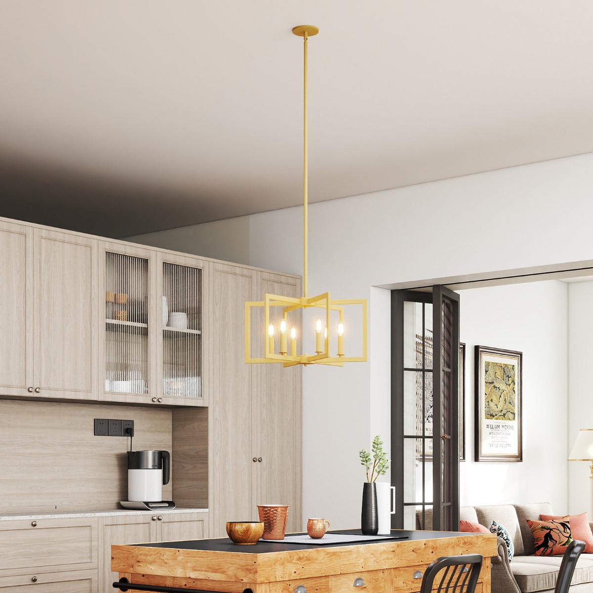 6-flammiger Kronleuchter Deckenleuchte industriell Pendelleuchte mit 67-157 cm verstellbarer Höhe Champagnerbronze