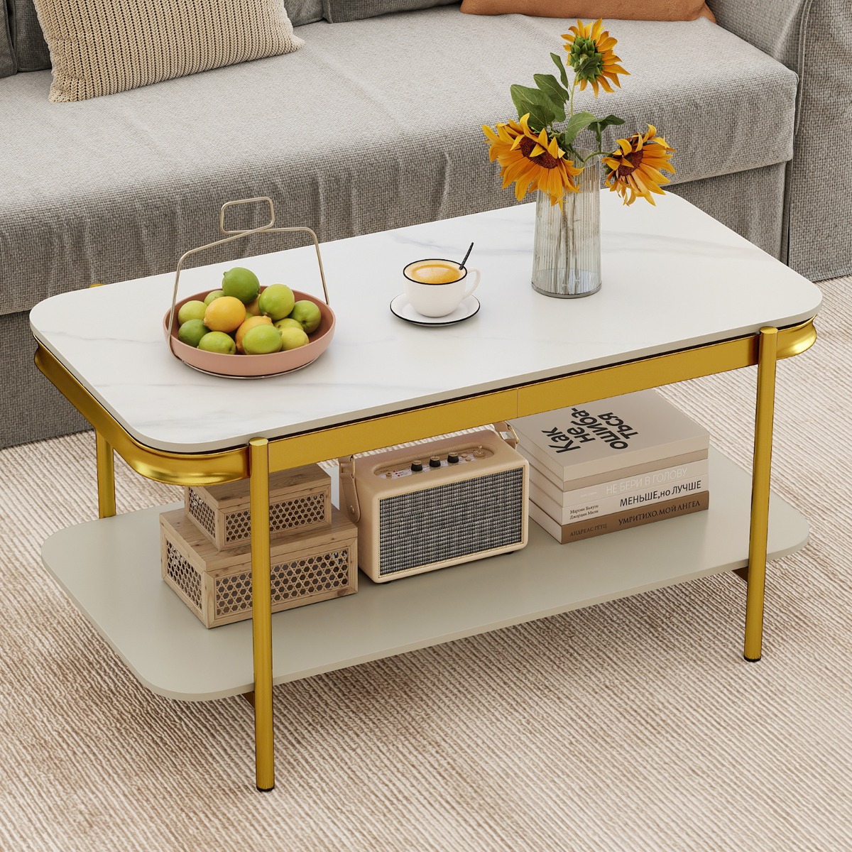 Rechteckiger Couchtisch Moderner Sofatisch Cocktailtisch Kaffeetisch Akzenttisch Weiß